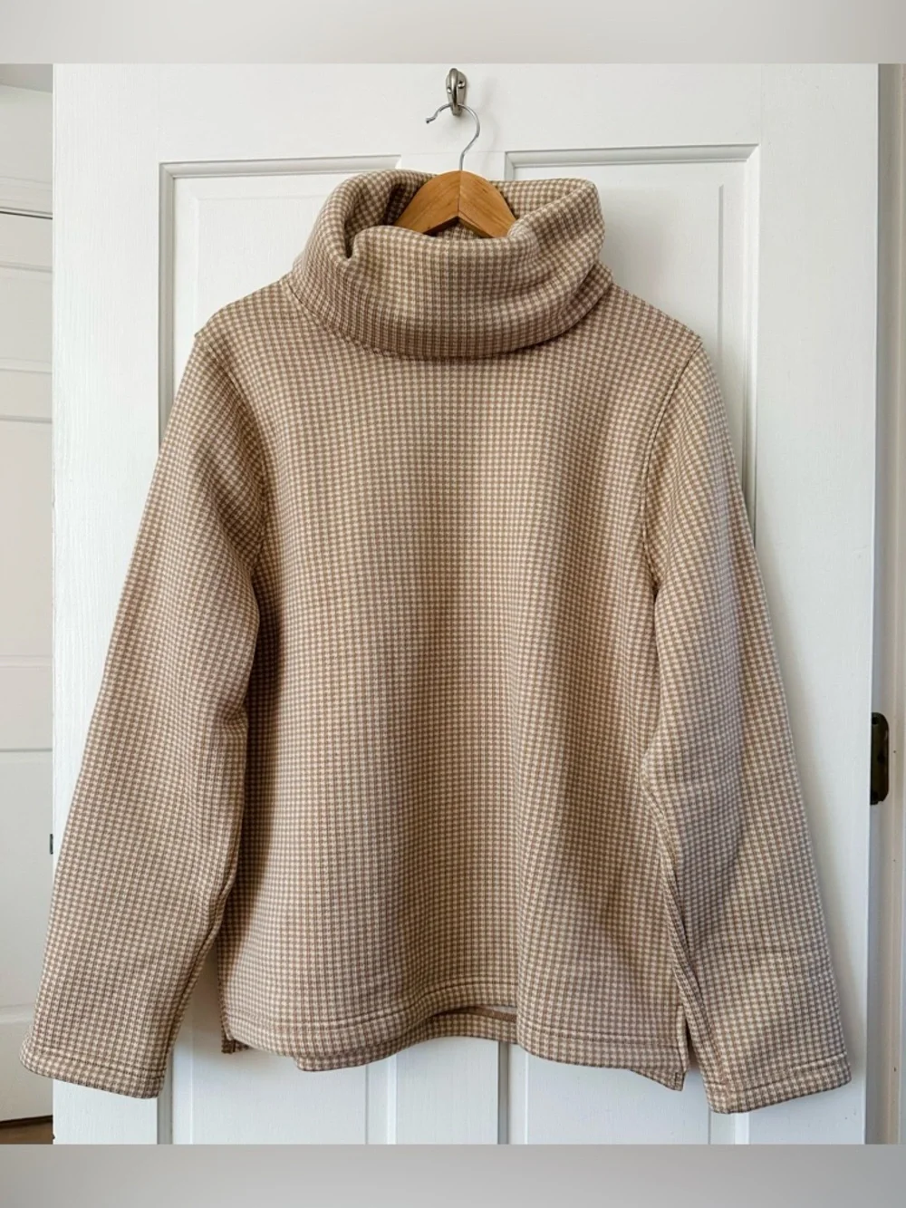 J. CREW Houndstooth Funnel Neck Sweater Camel Cream Pullover Cozy Size XXL